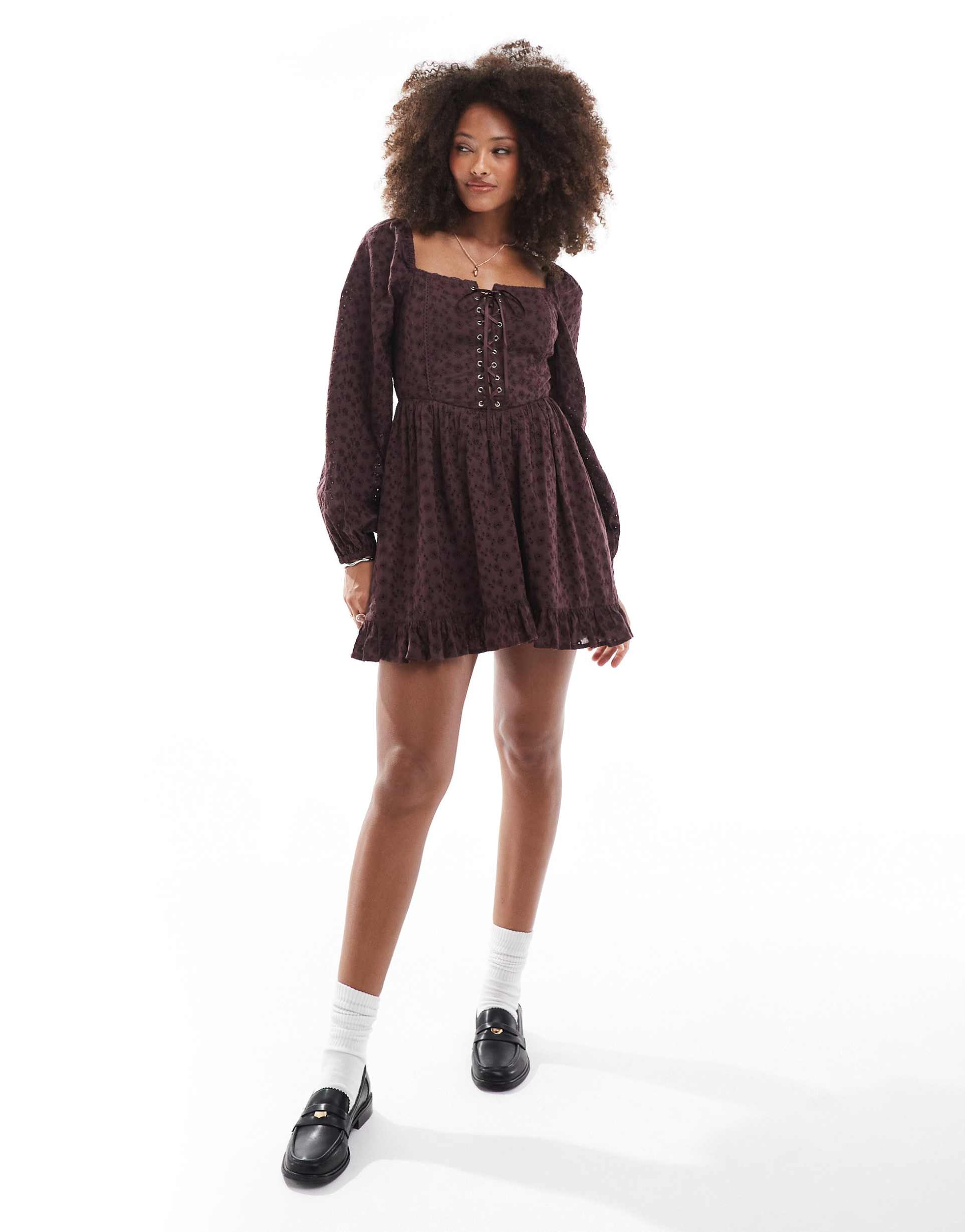 miss selfridge broderie corset mini dress in choc