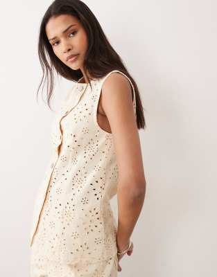 Miss Selfridge Broderie Denim Vest In White