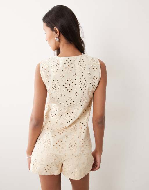 Miss Selfridge broderie denim vest in buttermilk wash, 3 of 4