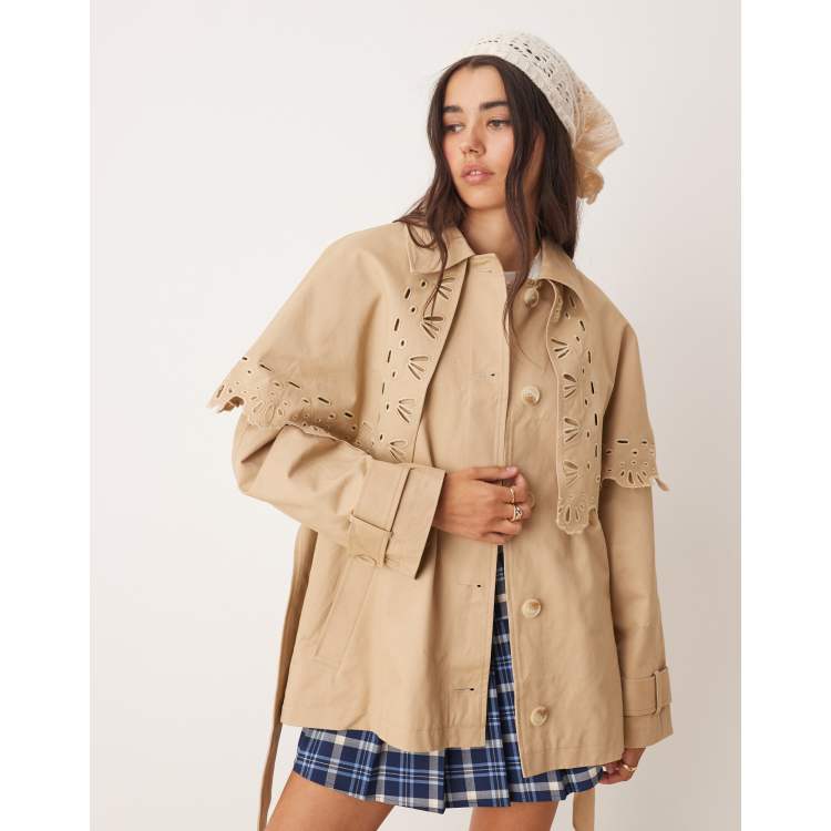 Miss Selfridge broderie detail cape crop trench in stone | ASOS