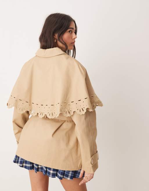 Miss Selfridge broderie detail cape crop trench in stone, 4 of 4