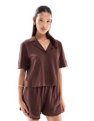 broderie detail crop top in chocolate with contrast stitching - part of a set-Brown
