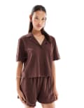 [Miss Selfridge] Miss Selfridge broderie detail crop top in chocolate with contrast stitching (part of a set)-Brown 4 Chocolate