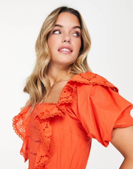 Miss Selfridge broderie frill detail mini dress in burnt orange