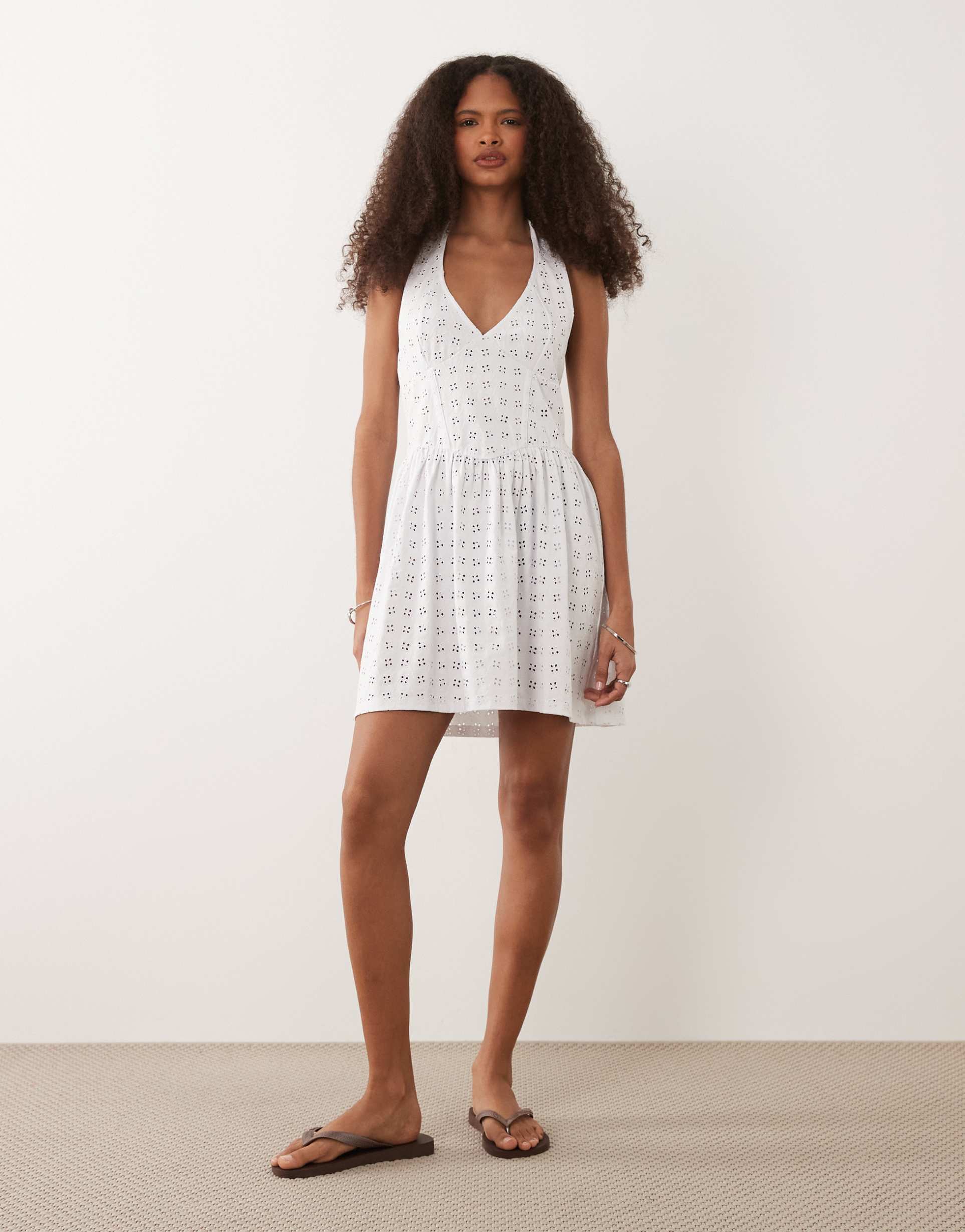 miss selfridge broderie halterneck corset mini dress in cream