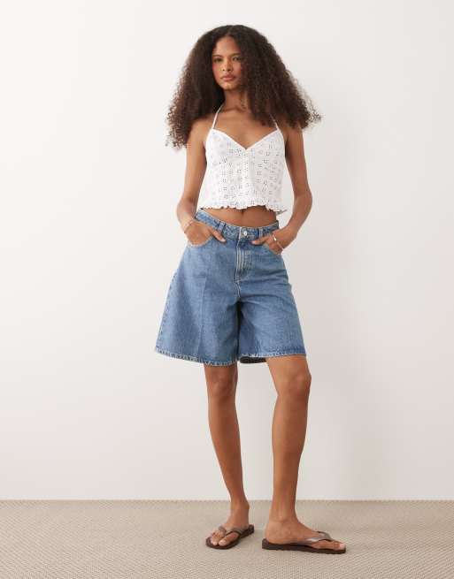 Miss Selfridge broderie halterneck corset top in cream, 3 of 4