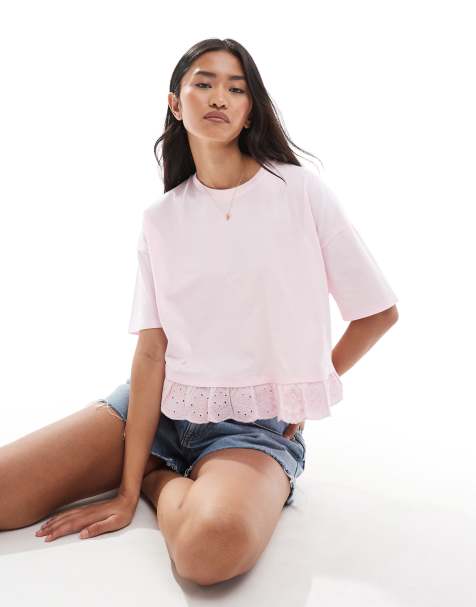 Miss Selfridge broderie hem short sleeve t-shirt in pale pink - view 1