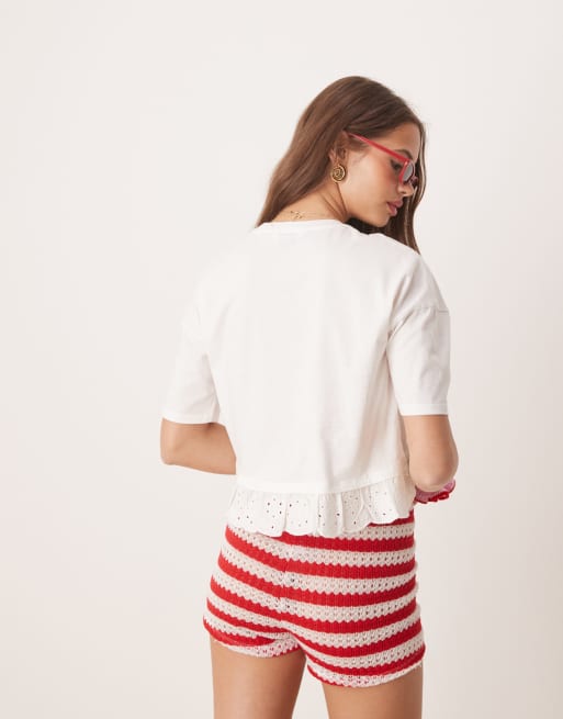 Miss Selfridge broderie hem short sleeve t-shirt in white, 3 of 4
