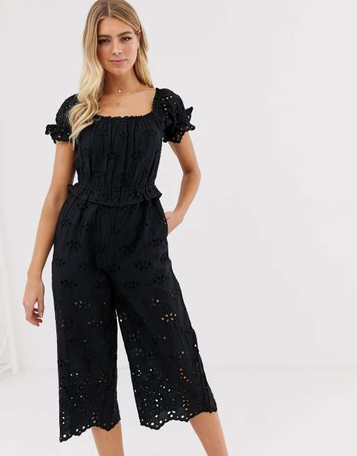 Miss Selfridge broderie jumpsuit with square neck in black | ASOS