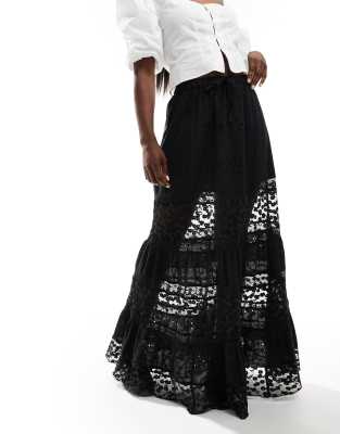 broderie lace insert tiered prairie maxi skirt in black-White