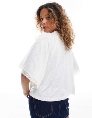 Miss Selfridge Broderie Lace Trim Wide Crop T-shirt In White