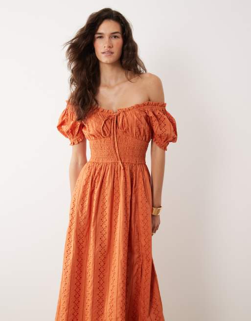 Miss Selfridge broderie milkmaid maxi dress in burnt orange | ASOS