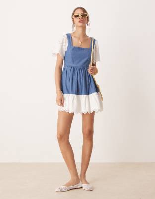 broderie mix denim mini wash dress-Blue