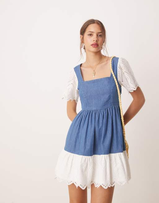 Miss Selfridge broderie mix denim mini wash, 2 of 4