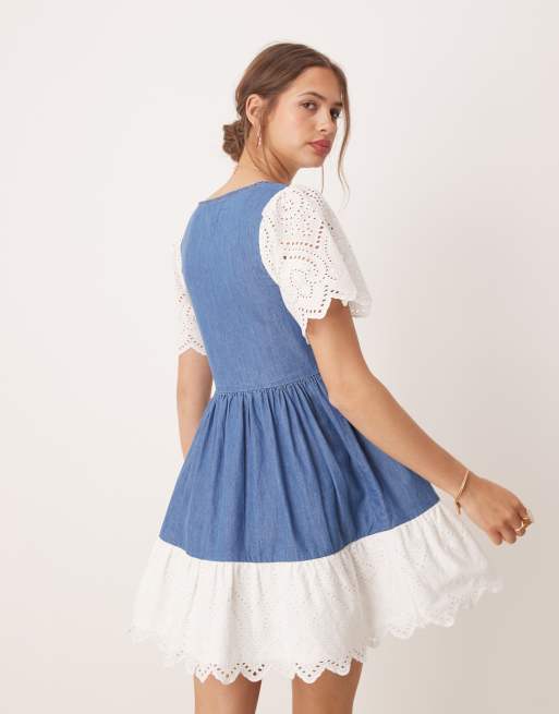 Miss Selfridge broderie mix denim mini wash, 3 of 4