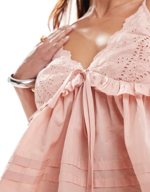Miss Selfridge broderie mix tie front cami top in pink, 4 of 4