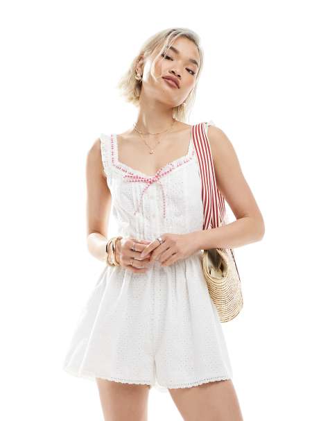 Miss Selfridge broderie playsuit with gingham trim - view 1