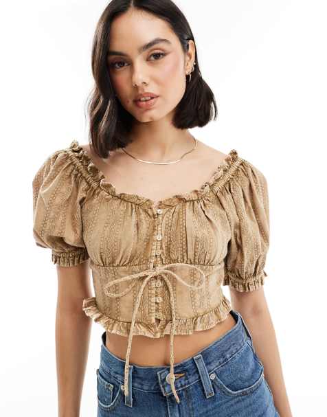 Miss Selfridge broderie puff sleeve tea top in washed khaki - view 1