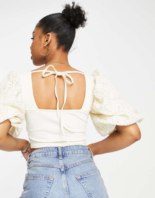 Miss Selfridge broderie puff sleeve top in cream ASOS