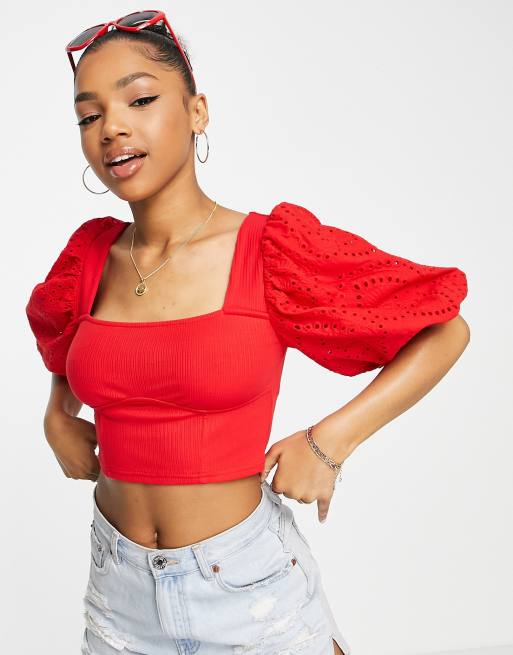 ASOS Premium Broderie Crop Top with Puff Sleeve