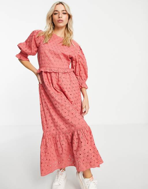 Miss Selfridge Broderie Ruffle Midi Dress In Rose Asos