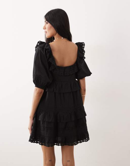 Miss Selfridge broderie ruffle milkmaid dress in black, 4 of 4