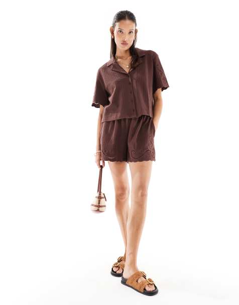 Miss Selfridge broderie short with scallop hem in chocolate with contrast stitching - view 1