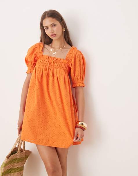 Miss Selfridge broderie smock dress in orange - view 1