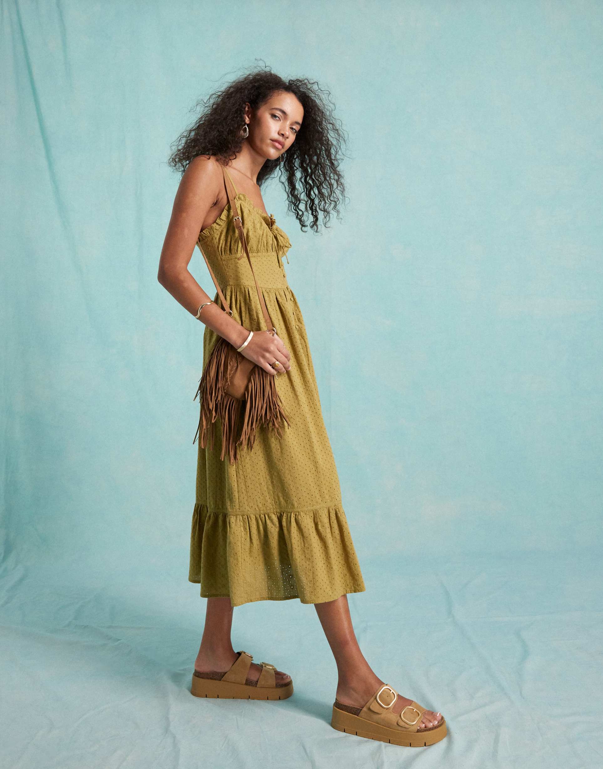 miss selfridge broderie tie front corset maxi slip sundress in khaki