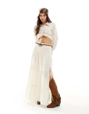 broderie tiered maxi skirt in cream-White