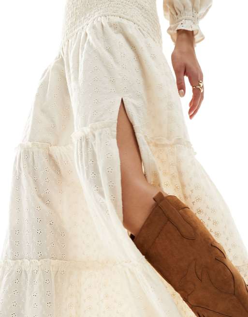 Miss Selfridge broderie tiered maxi skirt in cream | ASOS