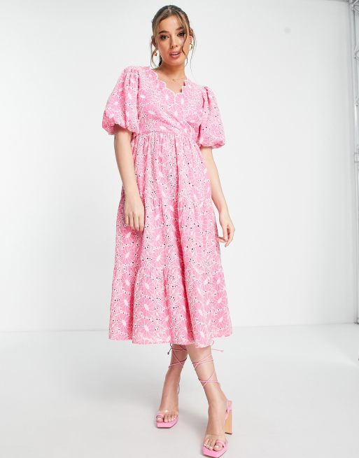 Miss Selfridge broderie wrap midi dress in hot pink ASOS