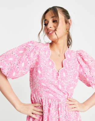 Miss Selfridge broderie wrap midi dress in hot pink ASOS