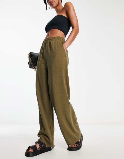 Miss Selfridge - Broek van linnen met textuur en elastische taille in kaki