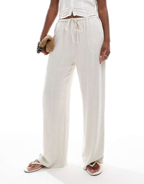 Miss Selfridge - Broek van linnenmix met wijde pijpen en trekkoord in de taille in stone - view 1