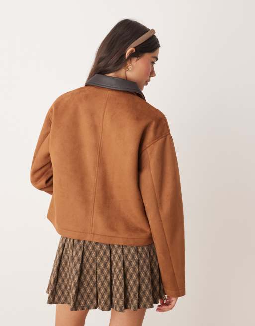 Miss Selfridge – Brun arbetsjacka i mockaimitation med kontrasterande manchesterkrage, 4 av 4