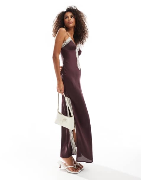 Miss Selfridge - Brun cami-maxikjole med blondeindsatser - view 1