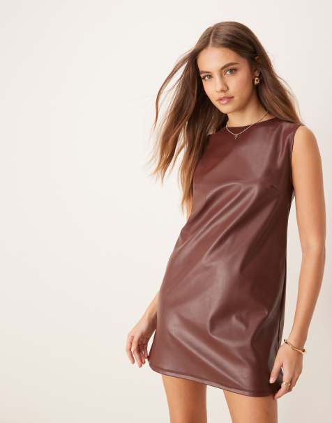 Miss Selfridge – Brun, kort shiftklänning i PU - view 1