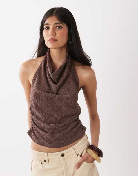 Miss Selfridge – Brun, krinklad topp med halterneck, del av set - view 1