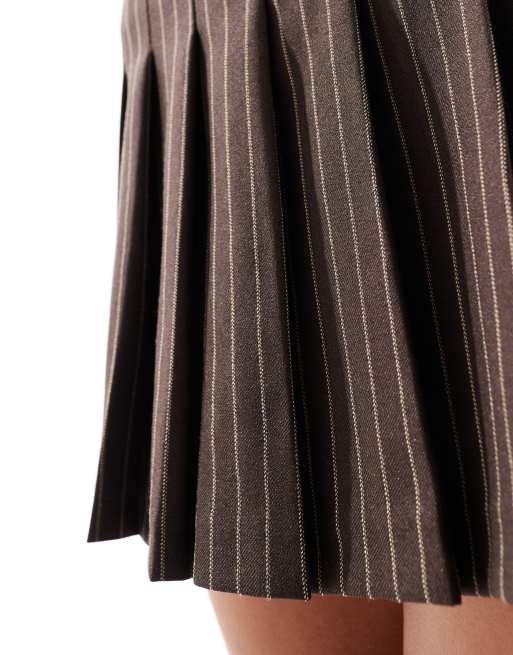 Miss Selfridge – Brun, kritstrecksrandig, plisserad kjol, del av set, 4 av 5