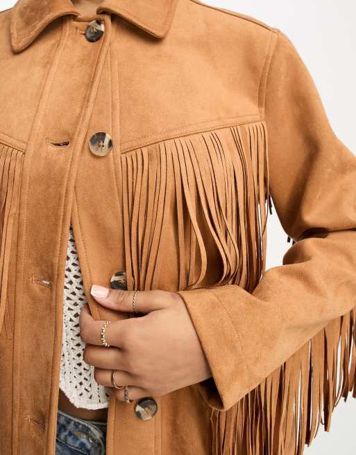 Miss Selfridge – Brun lång jacka av mockaimitation i cowboystil med fransar , 4 av 4