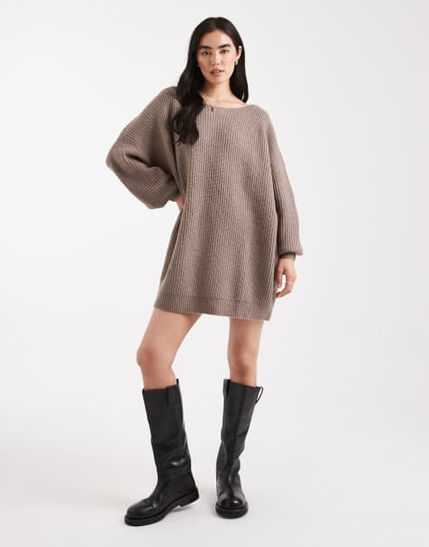 Miss Selfridge – Brun, stickad miniklänning i oversize med båtringning - view 1