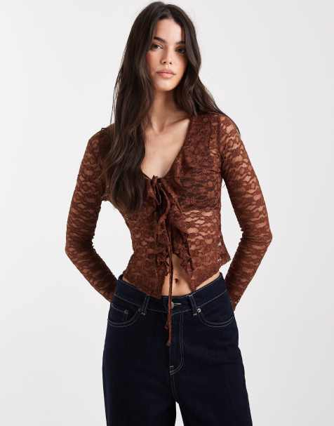 Miss Selfridge - Brun top med lange ærmer og flæsedetaljer - view 1