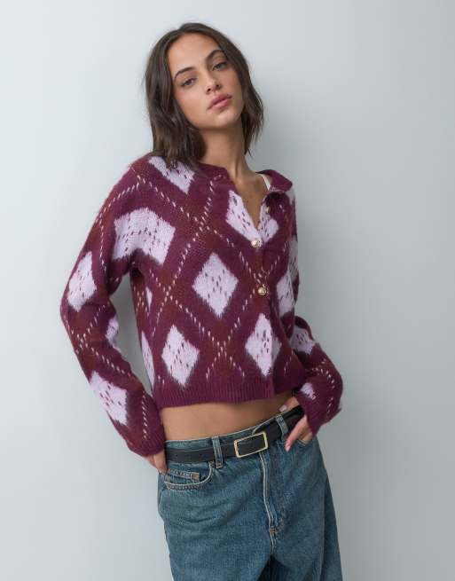 Miss Selfridge brushed argle cardigan in plum, 2 of 5