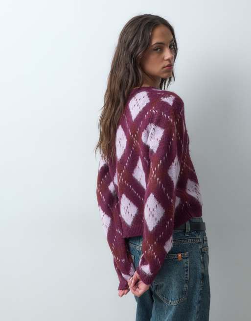 Miss Selfridge brushed argle cardigan in plum, 3 of 5