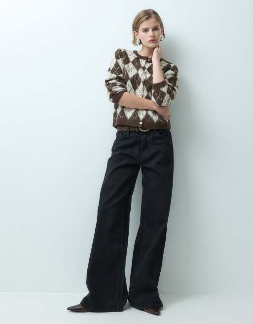 Miss Selfridge brushed argyle cardigan i chokoladebrun, 4 af 5