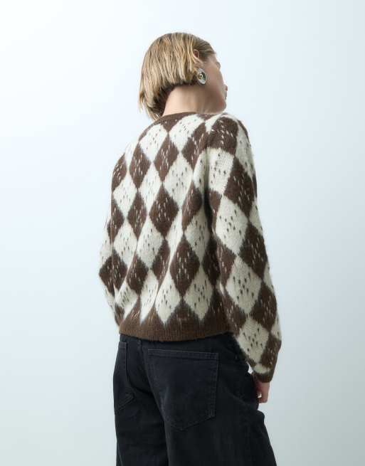Miss Selfridge brushed argyle cardigan i chokoladebrun, 5 af 5