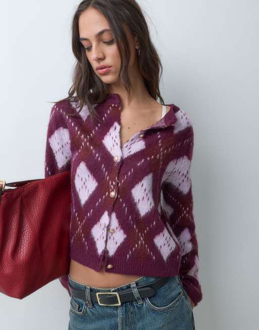 Miss Selfridge brushed argyle cardigan in plum, 4 of 5