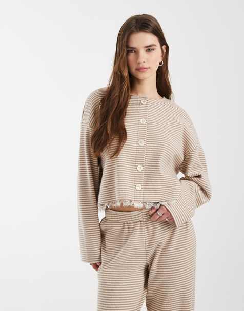 Miss Selfridge brushed cardigan in stripe with lace hem