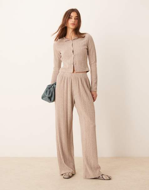 Miss Selfridge brushed chunky rib wide leg pants in stone - view 1